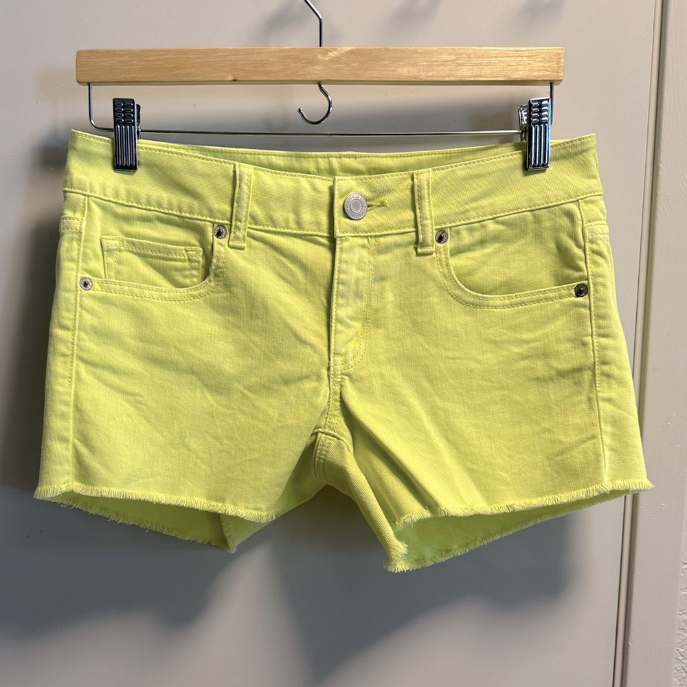 EUC AEO bright neon yellow denim cutoff shorts, 6